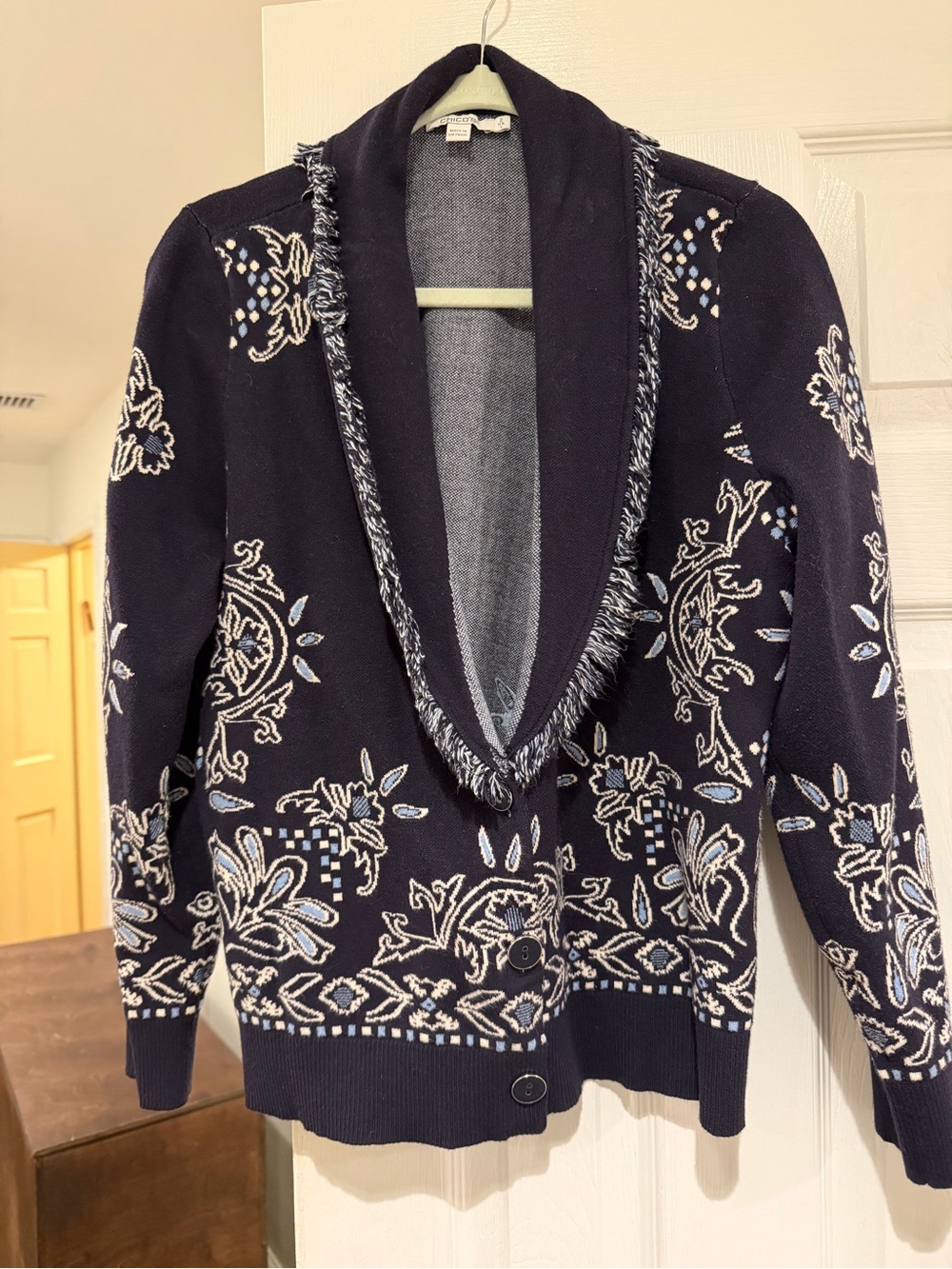 Chico's Navy Floral Shawl-Collar Cardigan with Fringe